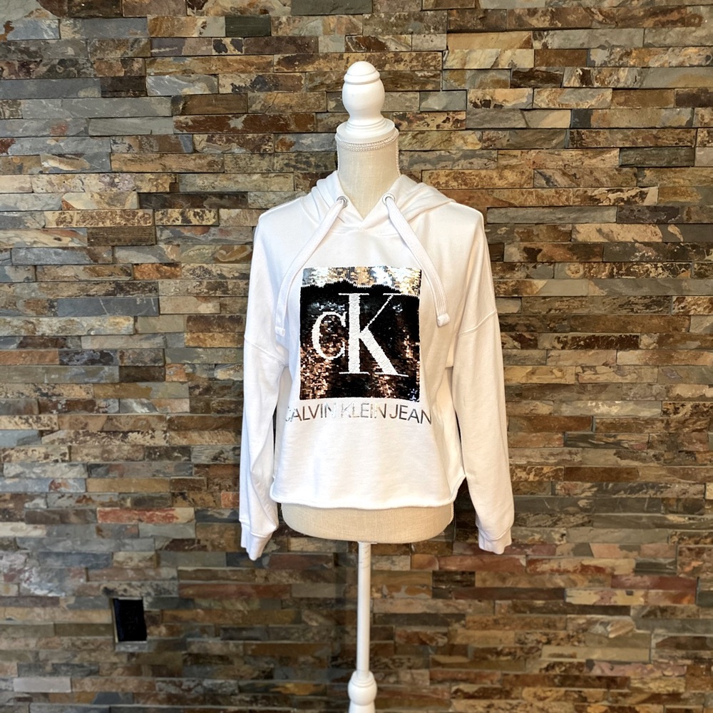 CALVIN KLEIN WHITE SEQUIN HOODIE - MEDIUM